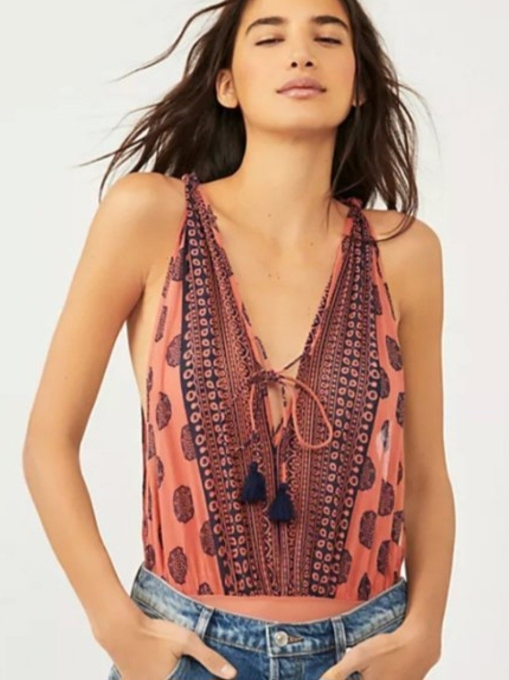 Free People Coral and Navy Boho Tie-Front Bodysuit